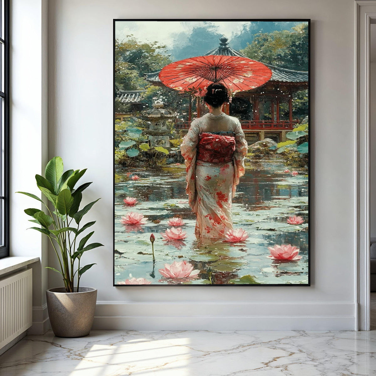 Elegant Geisha with Red Umbrella, Japanese Garden Canvas, Lotus Pond Wall Art, Traditional Kimono Painting, Gift Art, Home Decor, Print