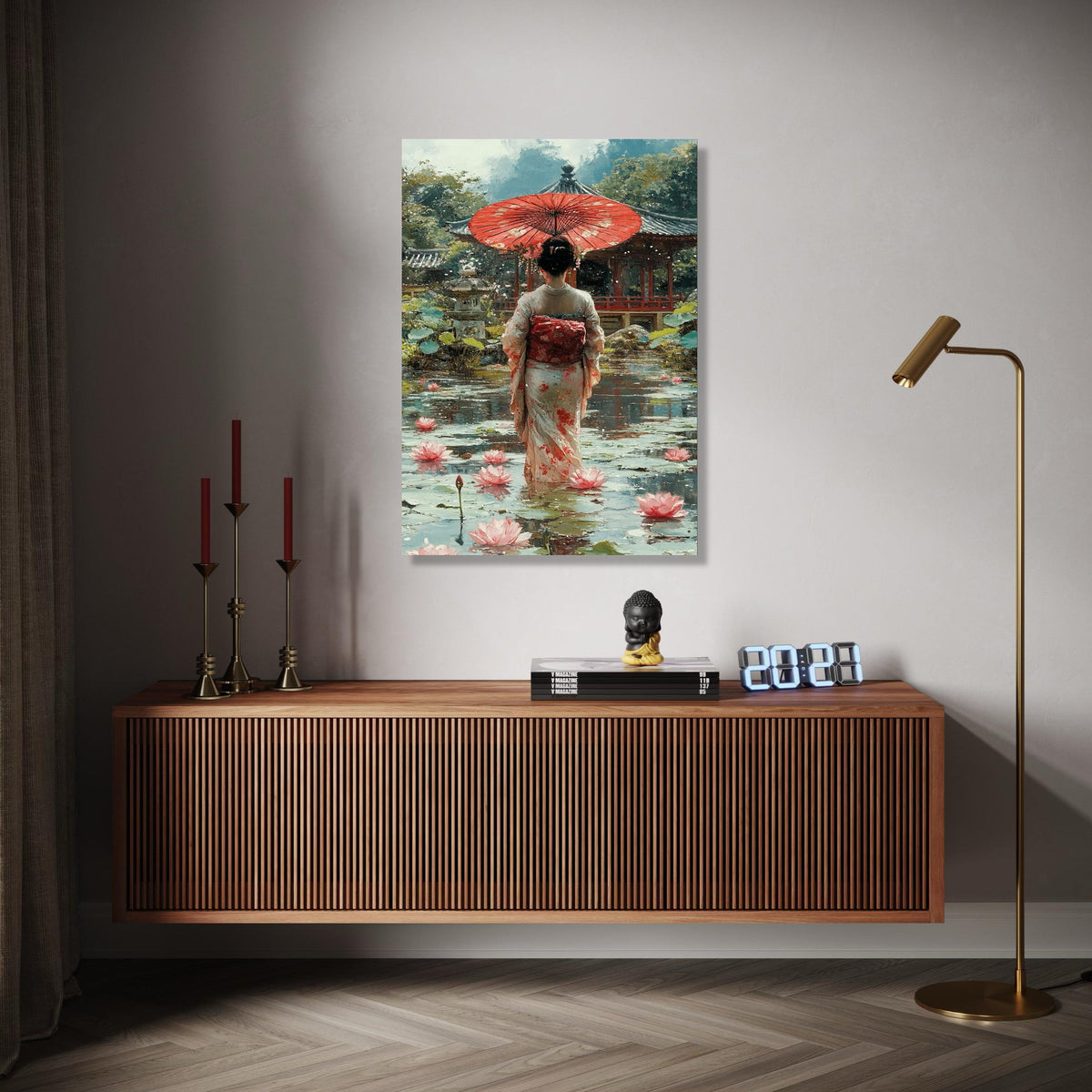Elegant Geisha with Red Umbrella, Japanese Garden Canvas, Lotus Pond Wall Art, Traditional Kimono Painting, Gift Art, Home Decor, Print