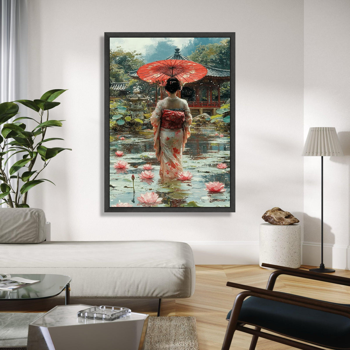 Elegant Geisha with Red Umbrella, Japanese Garden Canvas, Lotus Pond Wall Art, Traditional Kimono Painting, Gift Art, Home Decor, Print