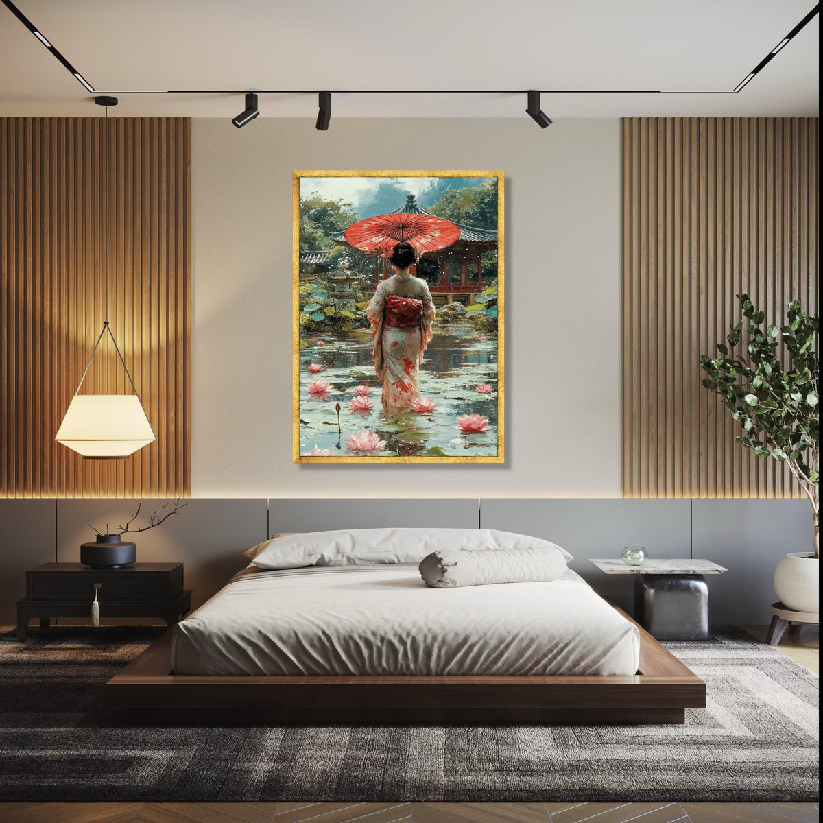 Elegant Geisha with Red Umbrella, Japanese Garden Canvas, Lotus Pond Wall Art, Traditional Kimono Painting, Gift Art, Home Decor, Print