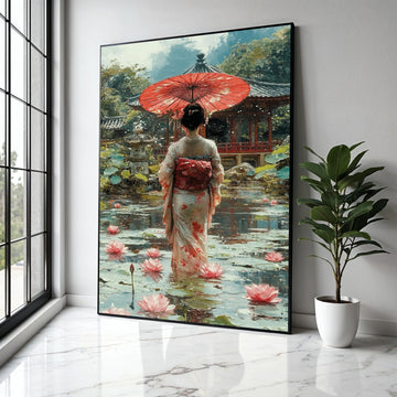 Elegant Geisha with Red Umbrella, Japanese Garden Canvas, Lotus Pond Wall Art, Traditional Kimono Painting, Gift Art, Home Decor, Print
