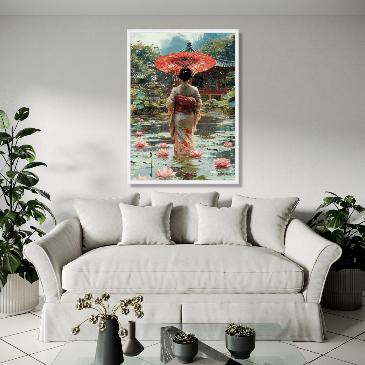 Elegant Geisha with Red Umbrella, Japanese Garden Canvas, Lotus Pond Wall Art, Traditional Kimono Painting, Gift Art, Home Decor, Print