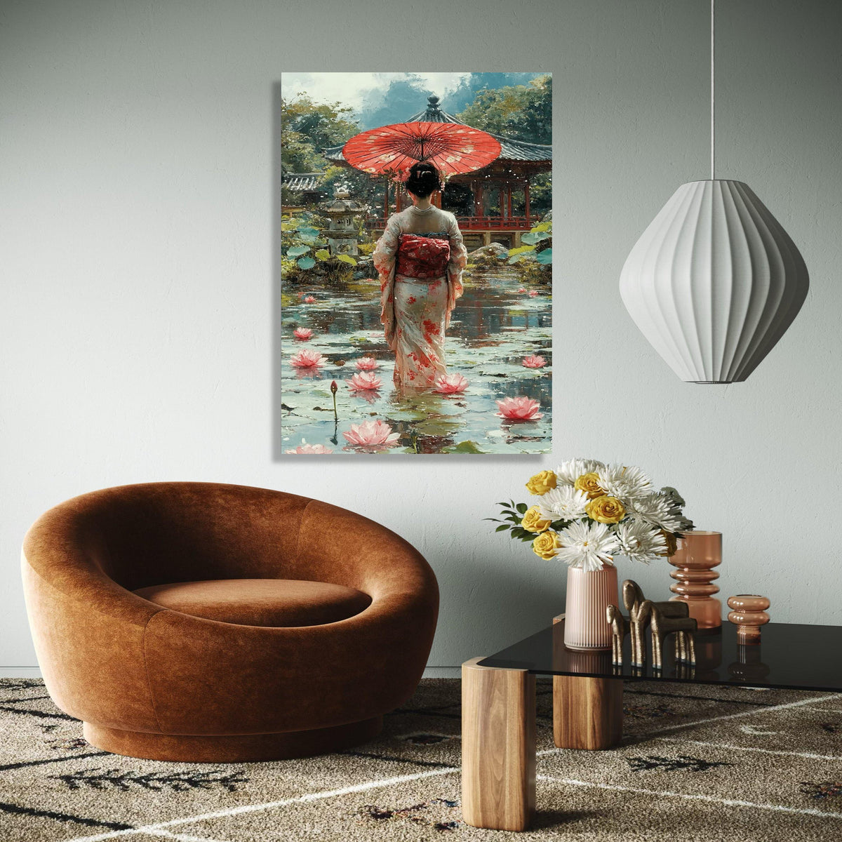 Elegant Geisha with Red Umbrella, Japanese Garden Canvas, Lotus Pond Wall Art, Traditional Kimono Painting, Gift Art, Home Decor, Print