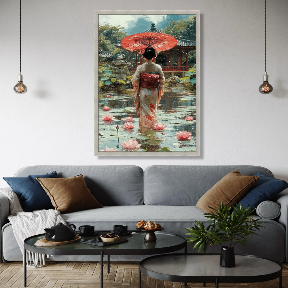 Elegant Geisha with Red Umbrella, Japanese Garden Canvas, Lotus Pond Wall Art, Traditional Kimono Painting, Gift Art, Home Decor, Print
