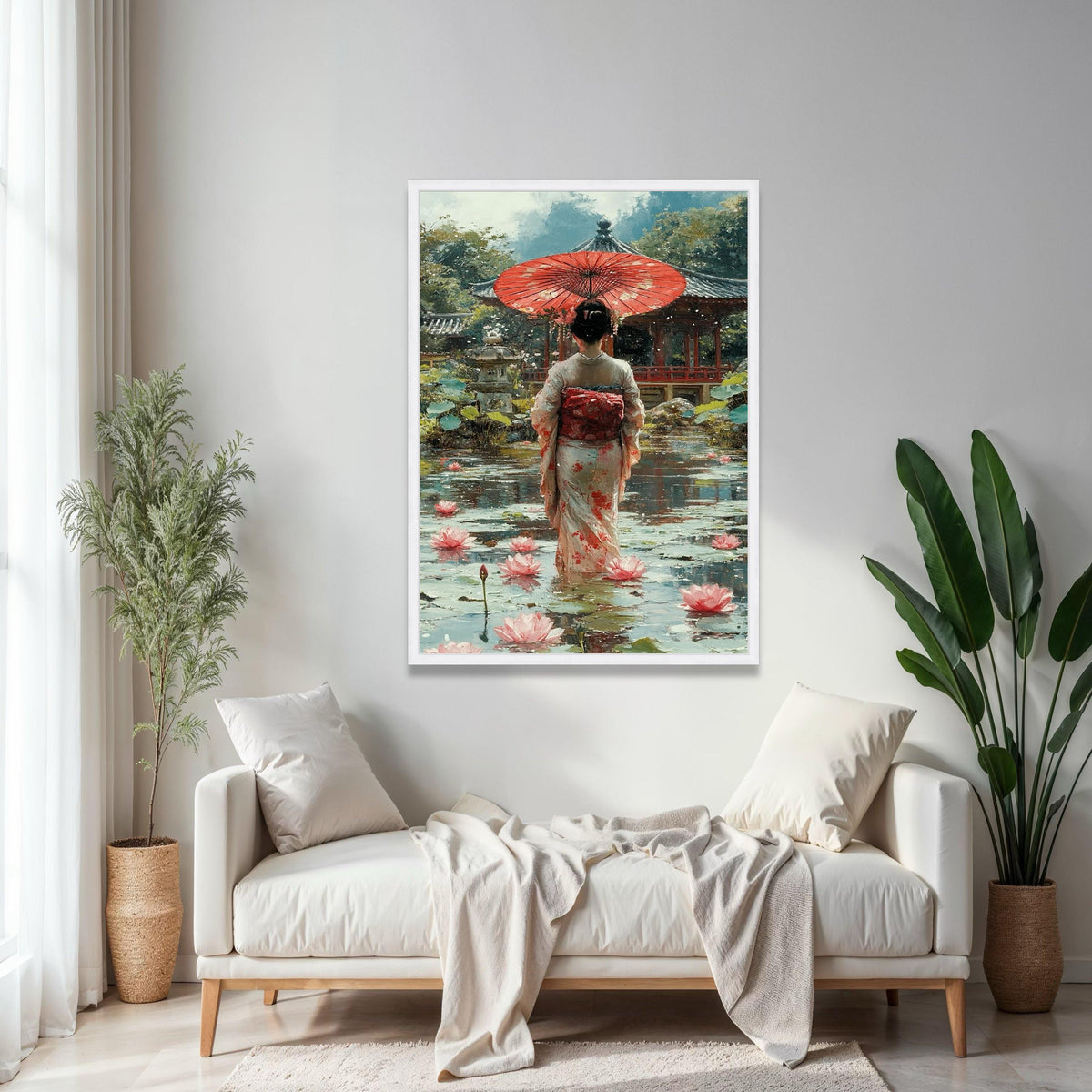 Elegant Geisha with Red Umbrella, Japanese Garden Canvas, Lotus Pond Wall Art, Traditional Kimono Painting, Gift Art, Home Decor, Print