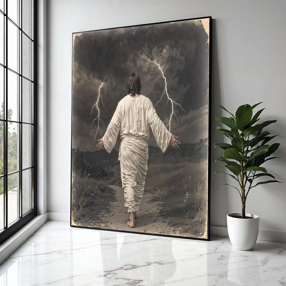 Jesus Walking on Path, Stormy Sky Canvas, Lightning Background, Biblical Wall Art, Spiritual Canvas Decoration, Gift Art, Home Decor, Print