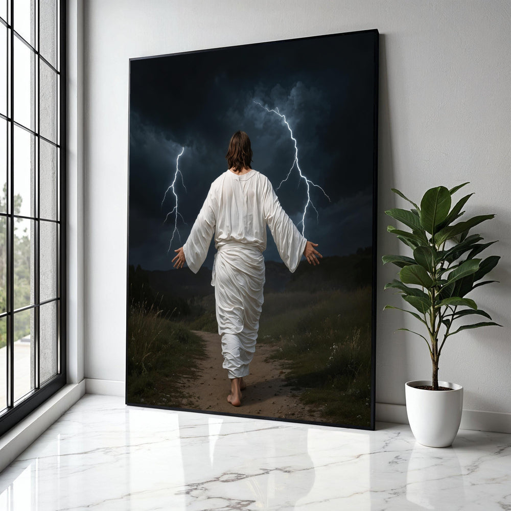 Jesus Walking with Lightning Storm Canvas, Spiritual Christian Wall Art, Biblical Scripture Decoration, Dramatic Gift Art, Home Decor, Print