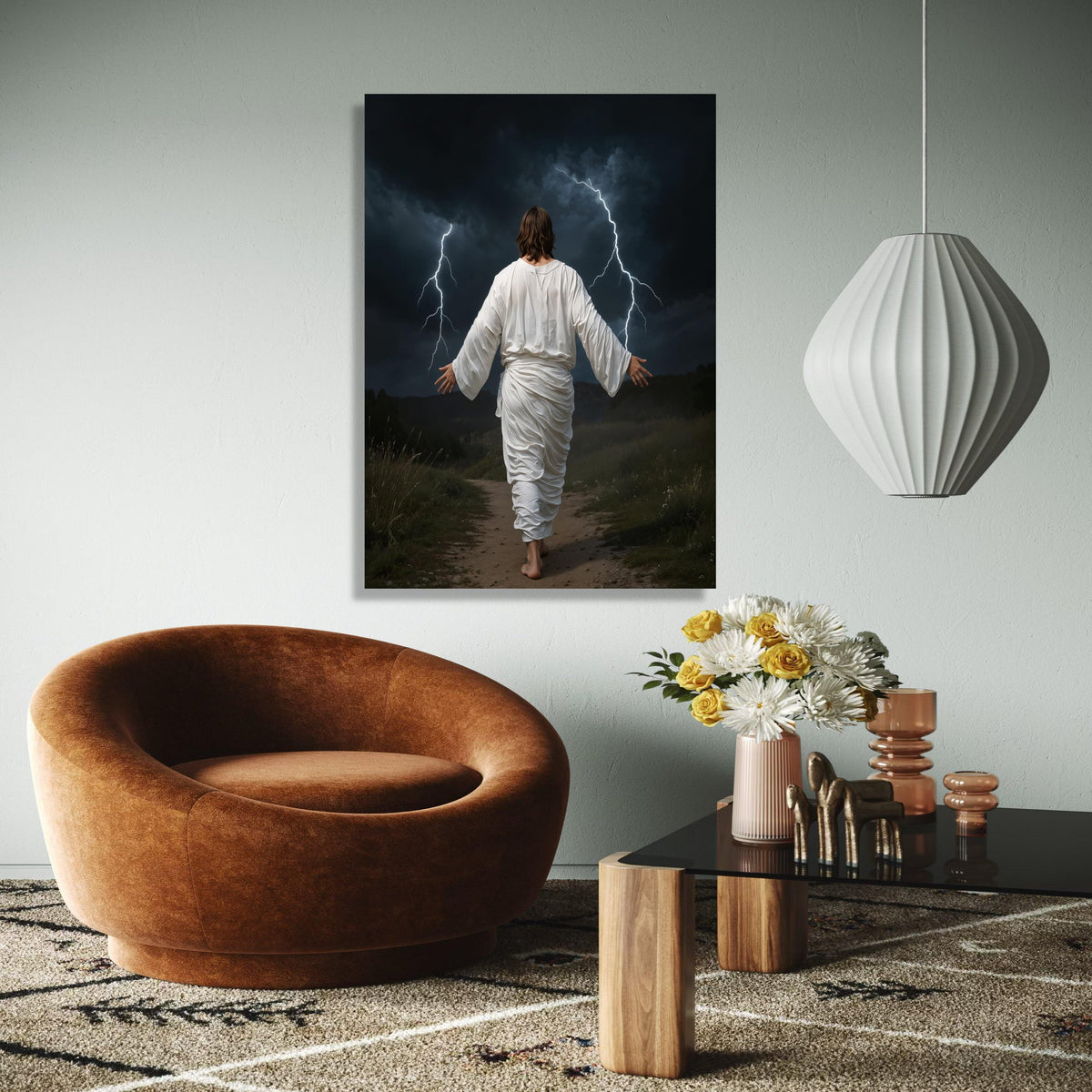 Jesus Walking with Lightning Storm Canvas, Spiritual Christian Wall Art, Biblical Scripture Decoration, Dramatic Gift Art, Home Decor, Print