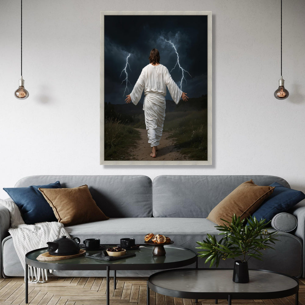 Jesus Walking with Lightning Storm Canvas, Spiritual Christian Wall Art, Biblical Scripture Decoration, Dramatic Gift Art, Home Decor, Print