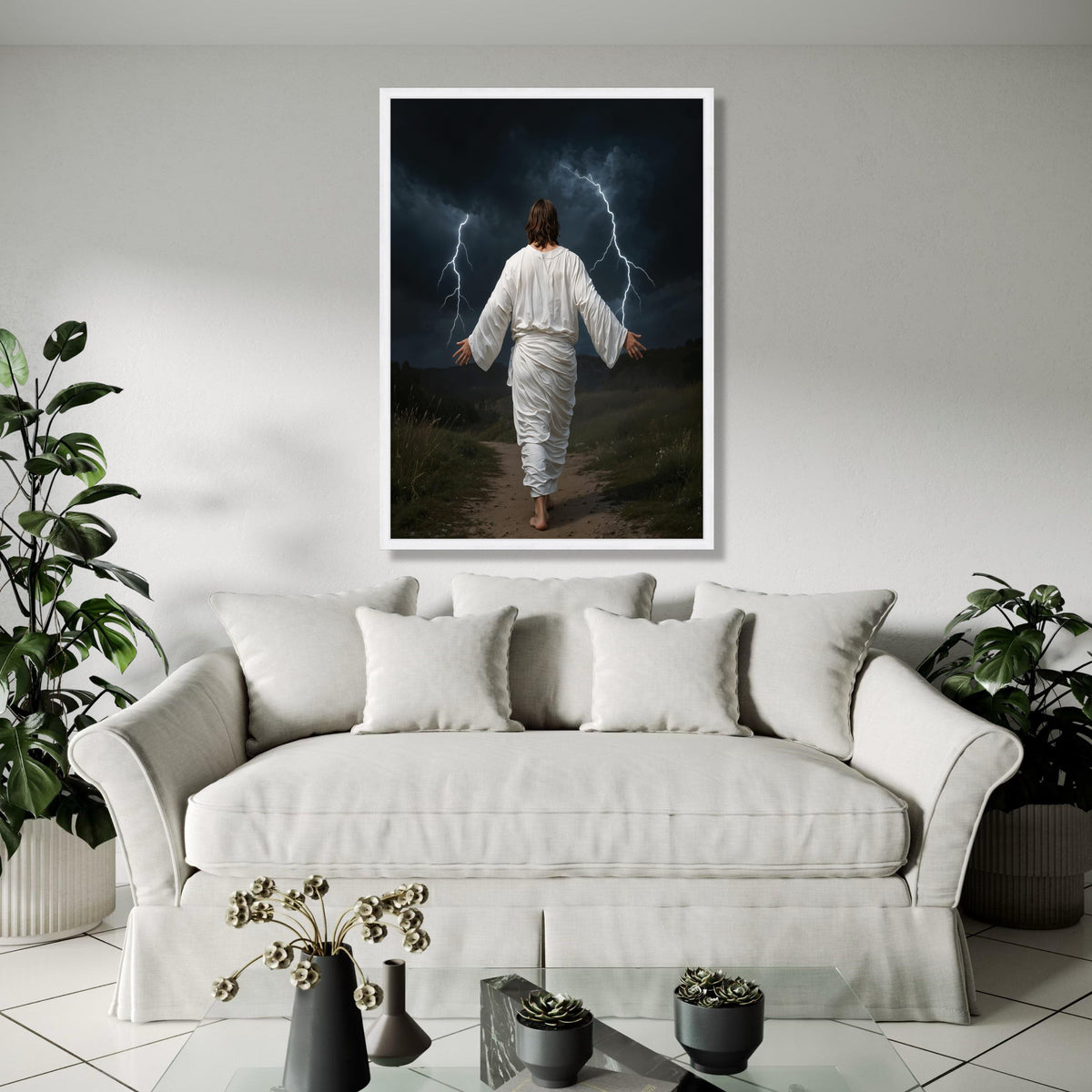 Jesus Walking with Lightning Storm Canvas, Spiritual Christian Wall Art, Biblical Scripture Decoration, Dramatic Gift Art, Home Decor, Print
