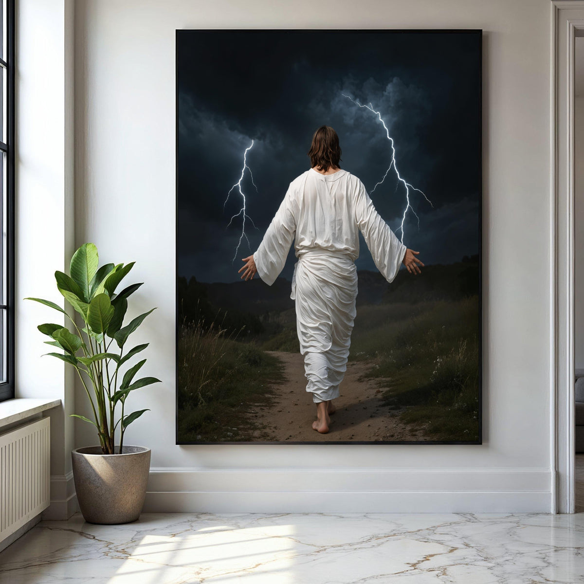 Jesus Walking with Lightning Storm Canvas, Spiritual Christian Wall Art, Biblical Scripture Decoration, Dramatic Gift Art, Home Decor, Print