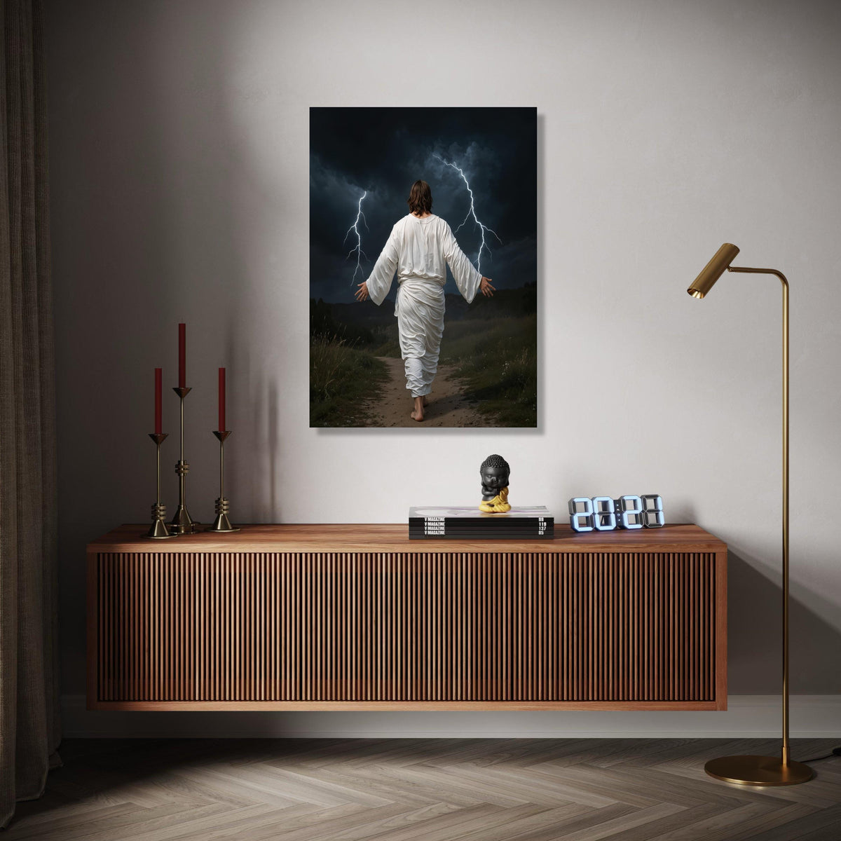 Jesus Walking with Lightning Storm Canvas, Spiritual Christian Wall Art, Biblical Scripture Decoration, Dramatic Gift Art, Home Decor, Print