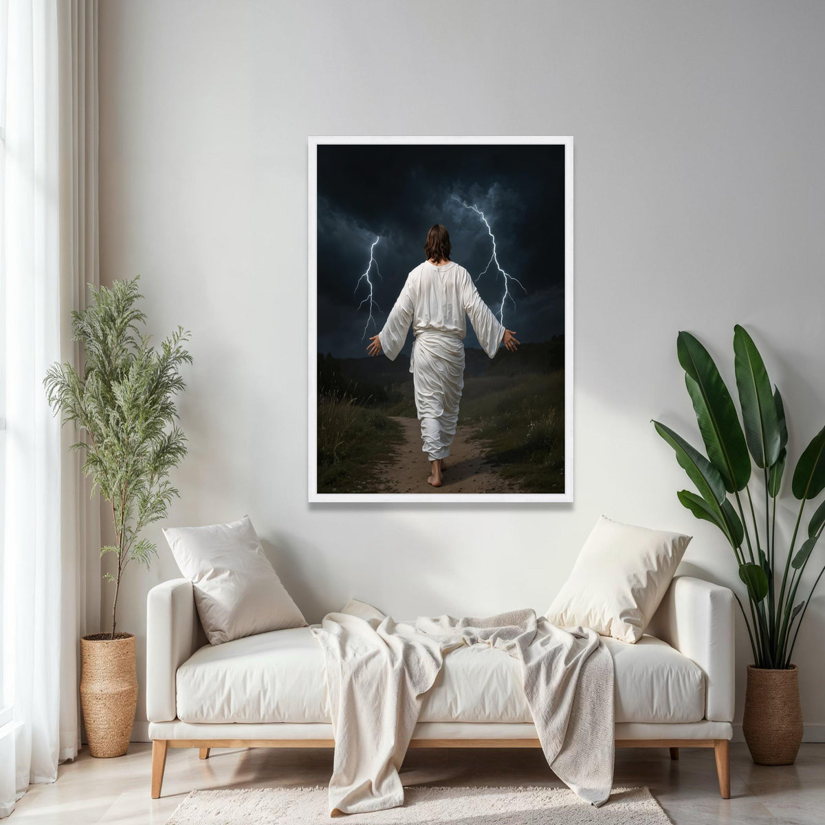 Jesus Walking with Lightning Storm Canvas, Spiritual Christian Wall Art, Biblical Scripture Decoration, Dramatic Gift Art, Home Decor, Print
