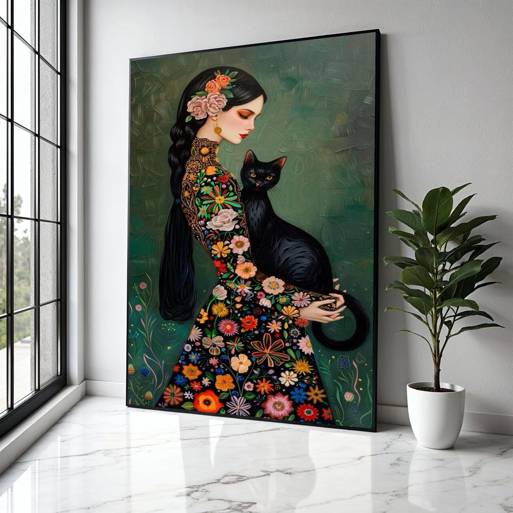 Elegant Woman with Black Cat Canvas, Floral Embroidered Dress Art, Colorful Flowers Wall Art, Mystical Portrait Gift Art, Home Decor, Print