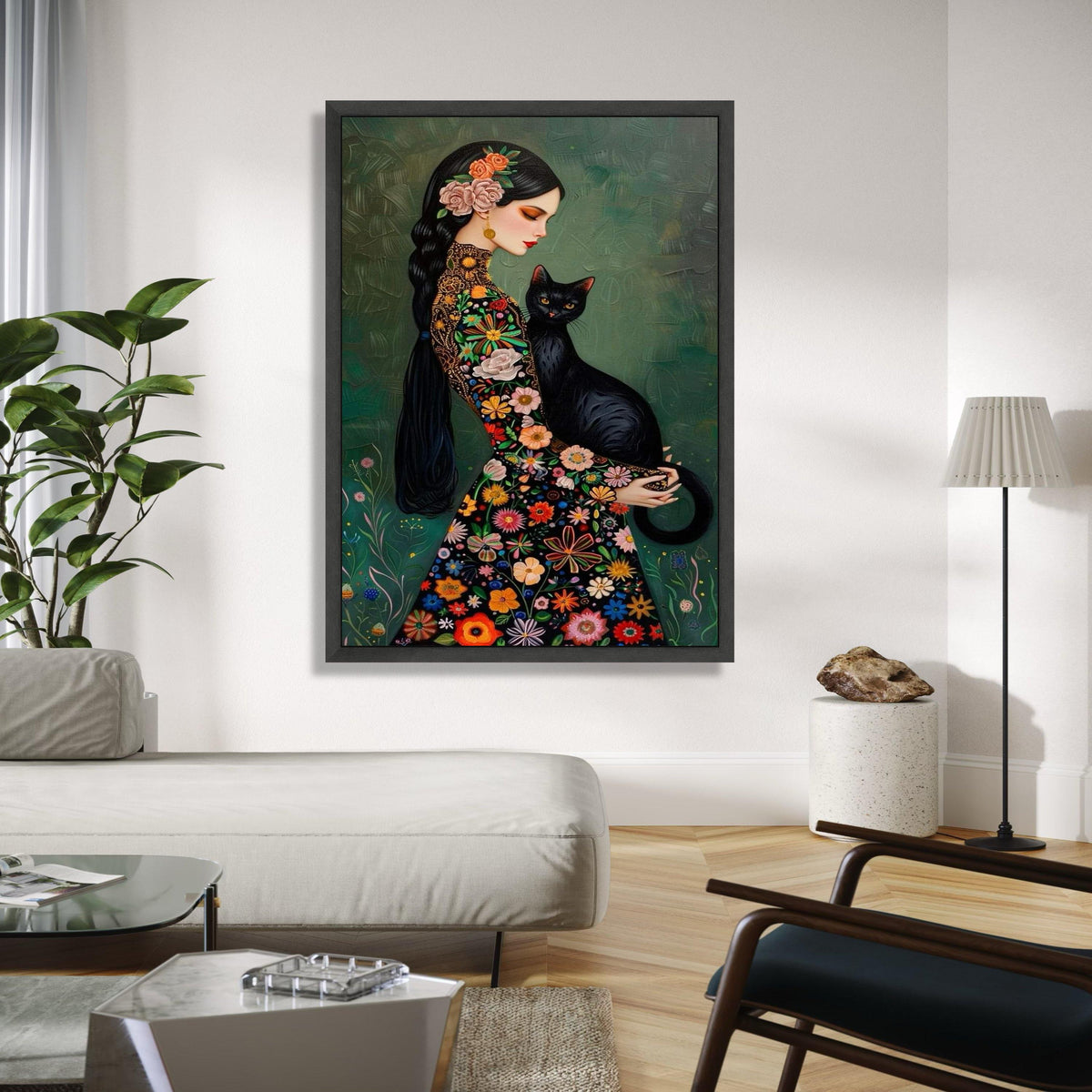 Elegant Woman with Black Cat Canvas, Floral Embroidered Dress Art, Colorful Flowers Wall Art, Mystical Portrait Gift Art, Home Decor, Print