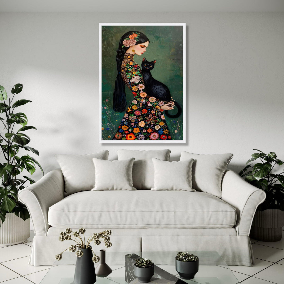 Elegant Woman with Black Cat Canvas, Floral Embroidered Dress Art, Colorful Flowers Wall Art, Mystical Portrait Gift Art, Home Decor, Print