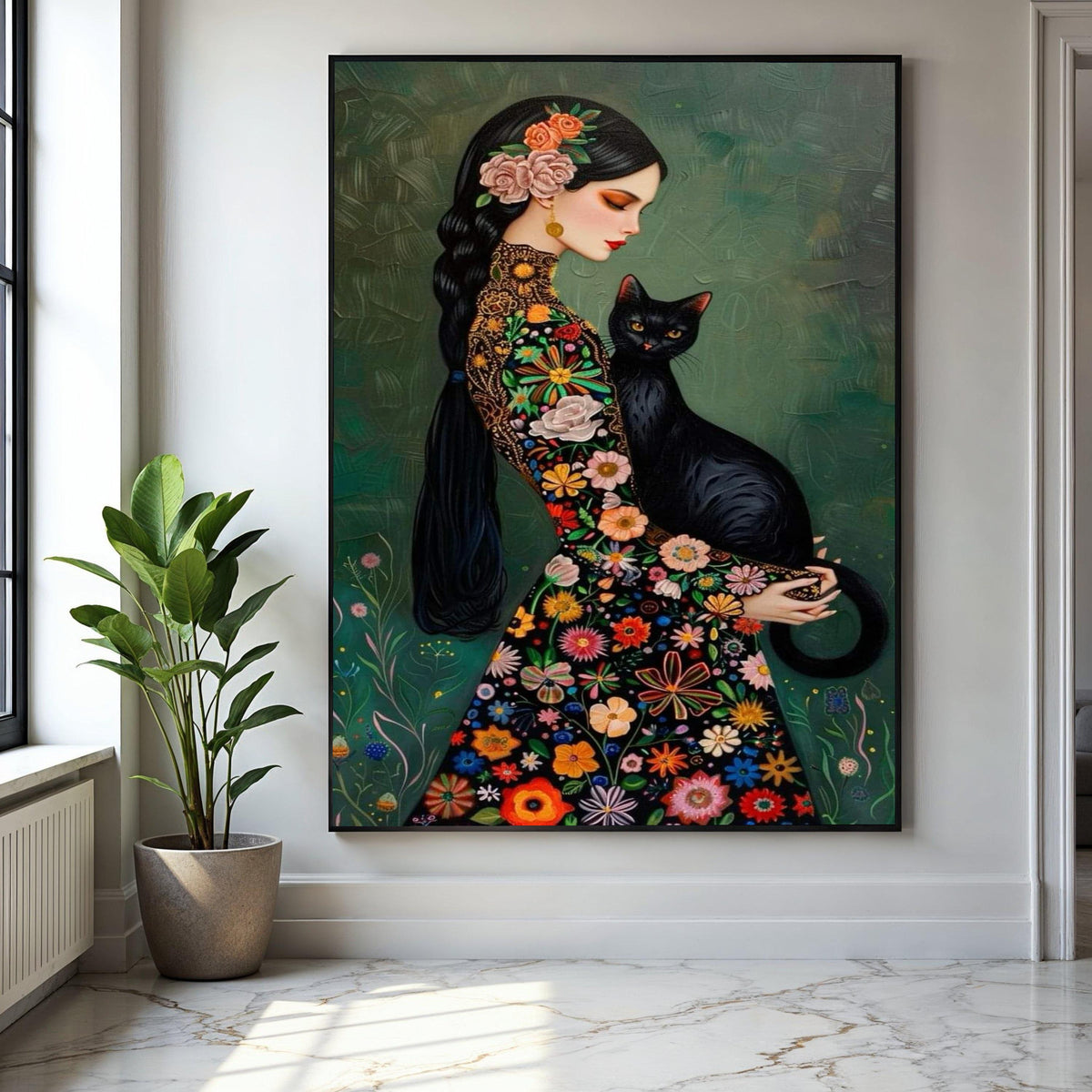 Elegant Woman with Black Cat Canvas, Floral Embroidered Dress Art, Colorful Flowers Wall Art, Mystical Portrait Gift Art, Home Decor, Print