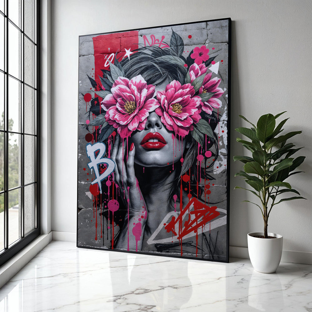 Urban Floral Woman Canvas, Street Art Style Portrait, Pink Flower Eyewear Wall Art, Modern Graffiti Painting, Gift Art, Home Decor, Print