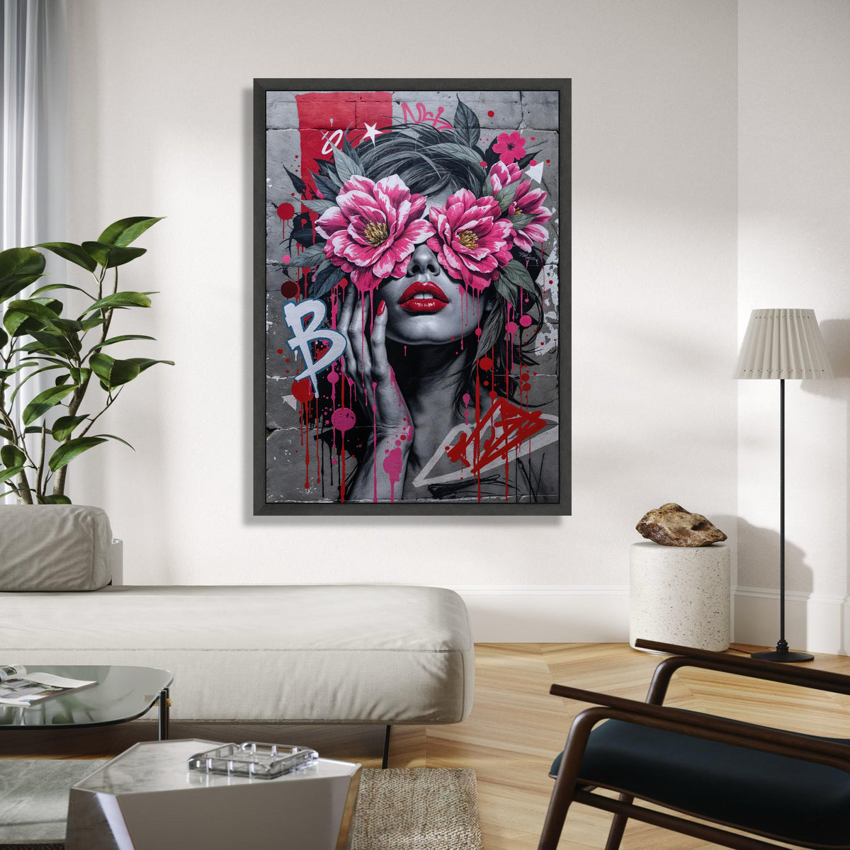Urban Floral Woman Canvas, Street Art Style Portrait, Pink Flower Eyewear Wall Art, Modern Graffiti Painting, Gift Art, Home Decor, Print