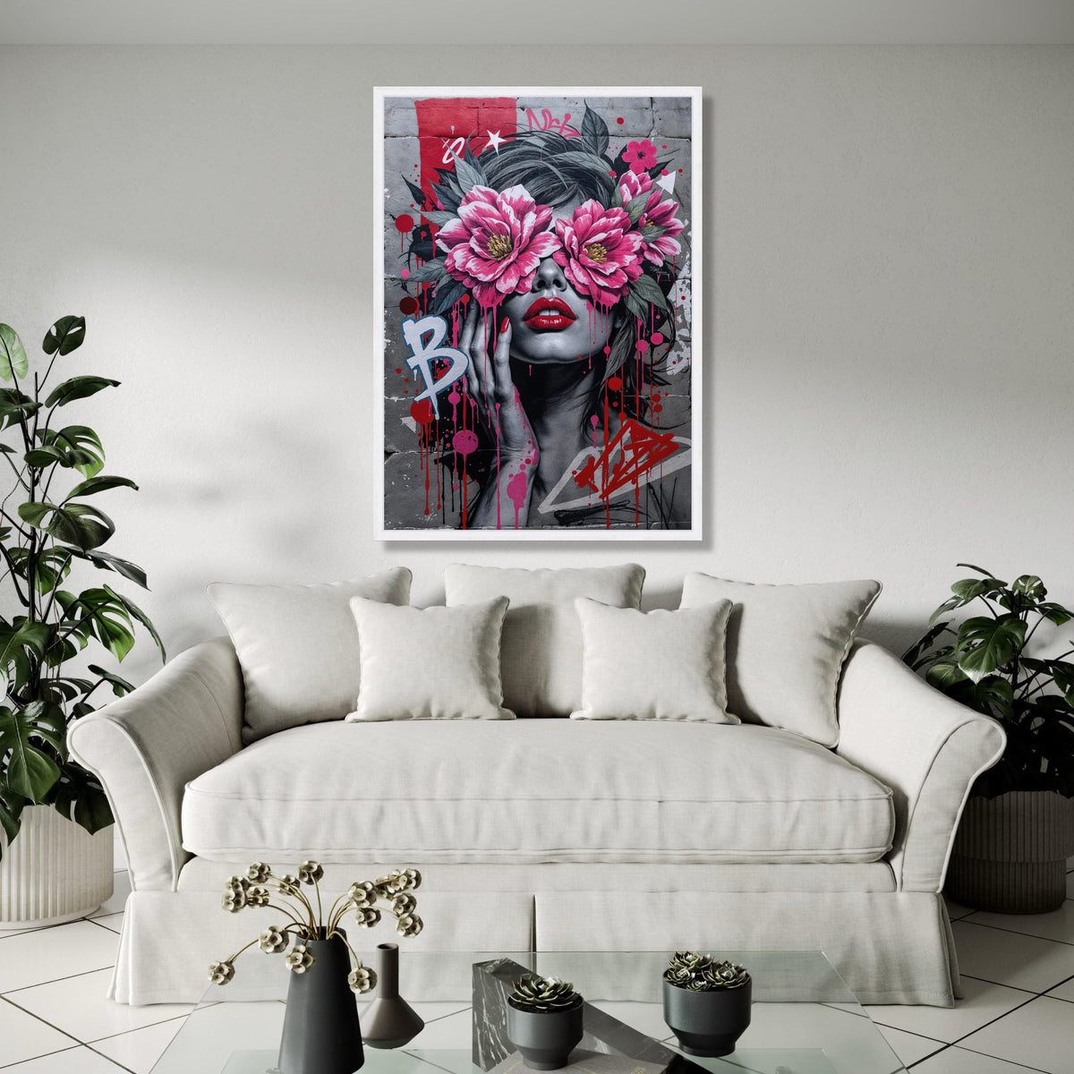 Urban Floral Woman Canvas, Street Art Style Portrait, Pink Flower Eyewear Wall Art, Modern Graffiti Painting, Gift Art, Home Decor, Print