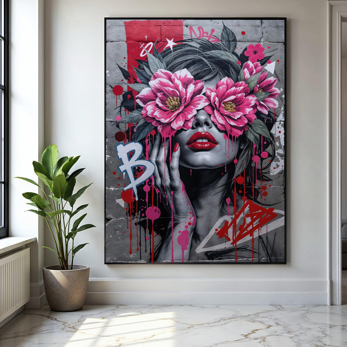 Urban Floral Woman Canvas, Street Art Style Portrait, Pink Flower Eyewear Wall Art, Modern Graffiti Painting, Gift Art, Home Decor, Print