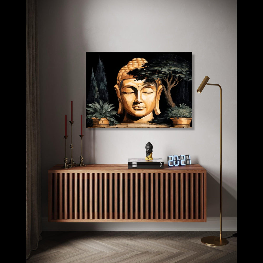 Serene Buddha Head Canvas, Zen Meditation Wall Art, Spiritual Home Decor, Tranquil Buddha Statue Canvas, Nature Gift Art, Home Decor, Print