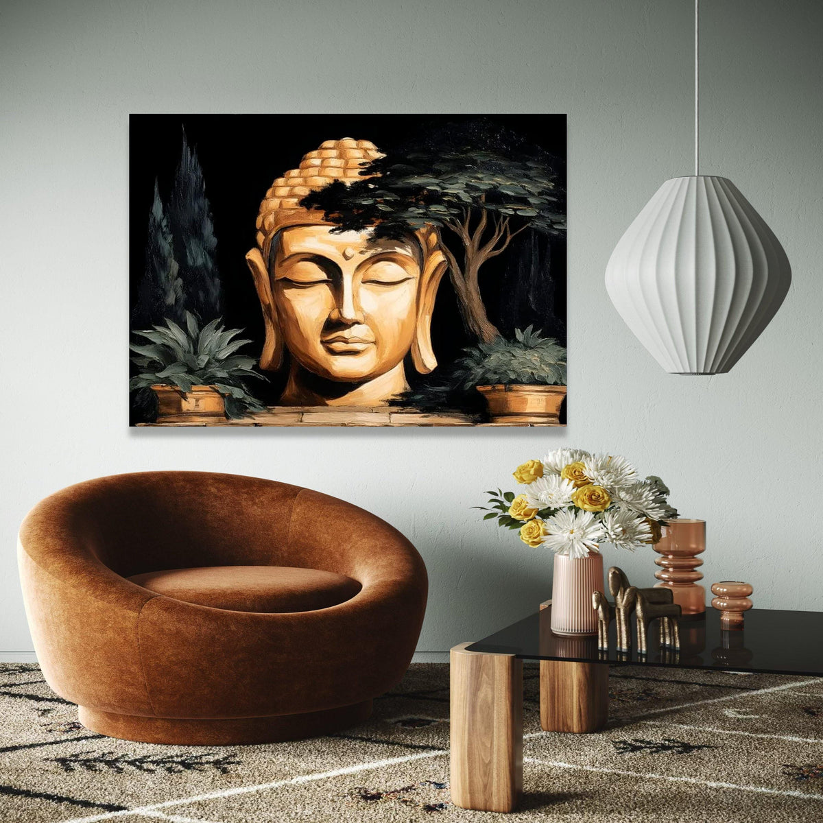 Serene Buddha Head Canvas, Zen Meditation Wall Art, Spiritual Home Decor, Tranquil Buddha Statue Canvas, Nature Gift Art, Home Decor, Print