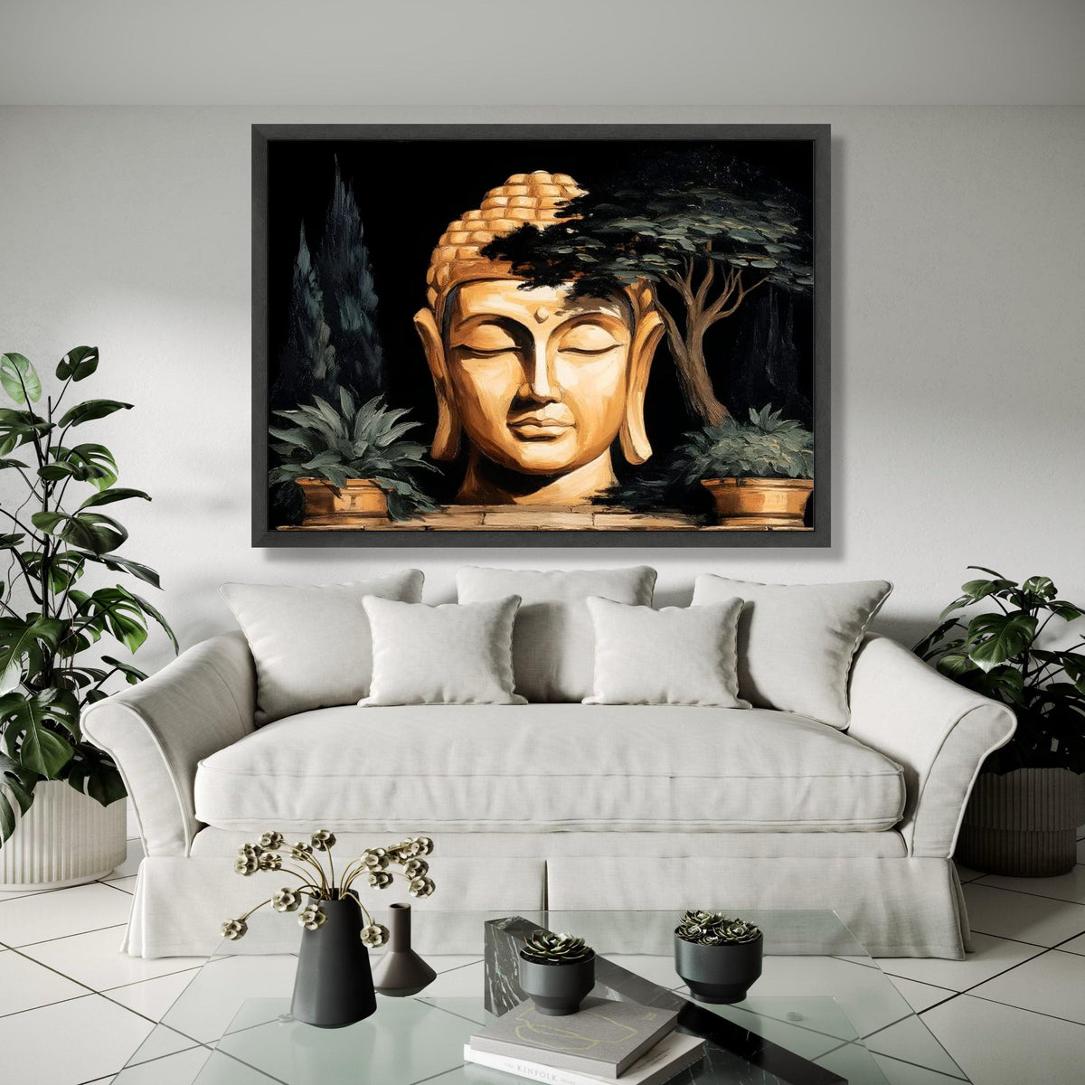 Serene Buddha Head Canvas, Zen Meditation Wall Art, Spiritual Home Decor, Tranquil Buddha Statue Canvas, Nature Gift Art, Home Decor, Print