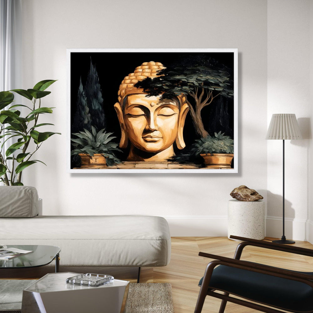 Serene Buddha Head Canvas, Zen Meditation Wall Art, Spiritual Home Decor, Tranquil Buddha Statue Canvas, Nature Gift Art, Home Decor, Print