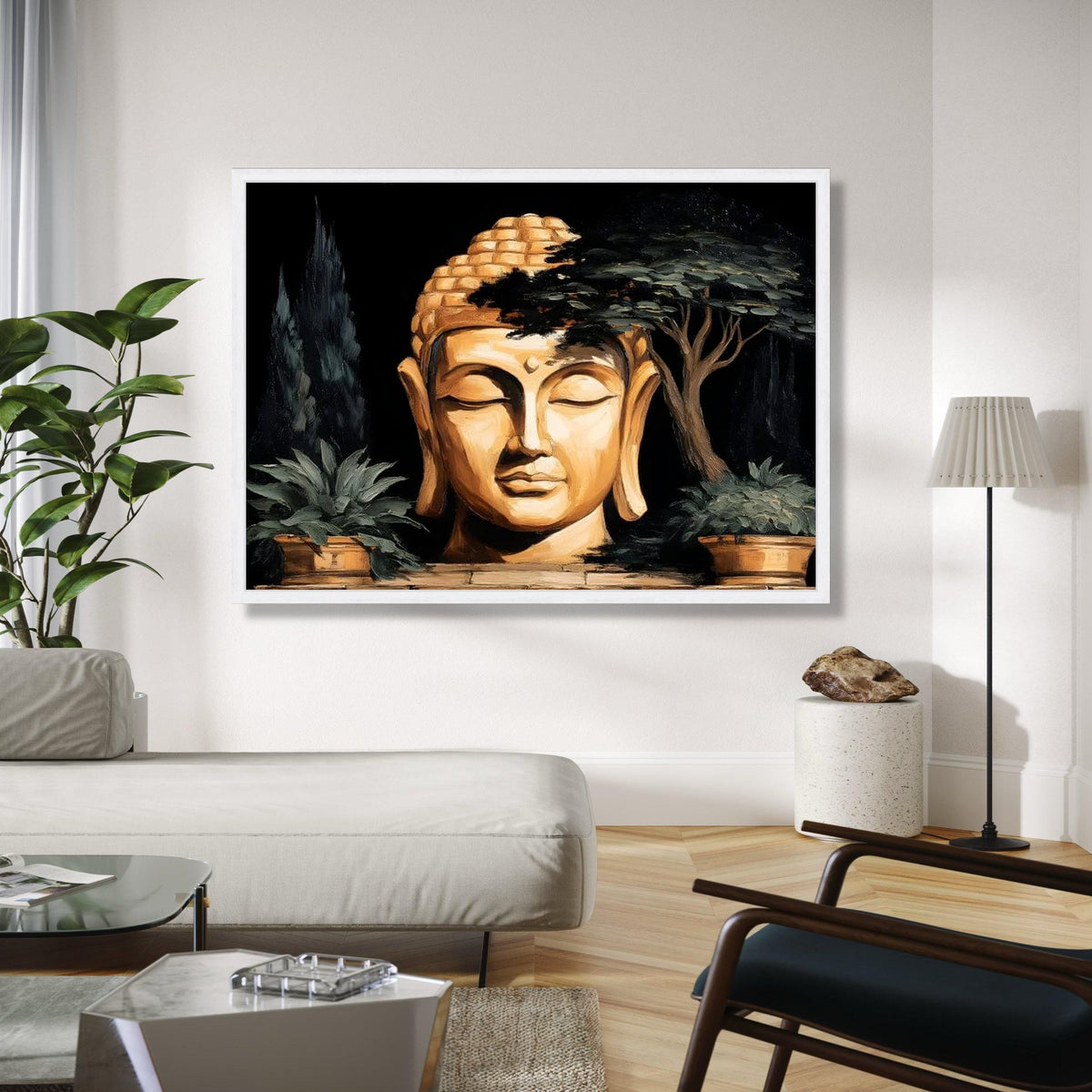 Serene Buddha Head Canvas, Zen Meditation Wall Art, Spiritual Home Decor, Tranquil Buddha Statue Canvas, Nature Gift Art, Home Decor, Print