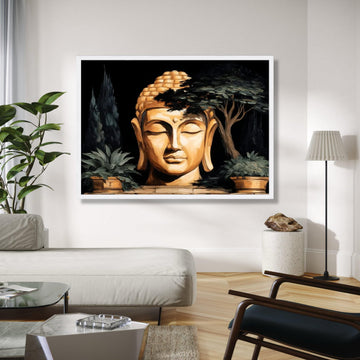 Serene Buddha Head Canvas, Zen Meditation Wall Art, Spiritual Home Decor, Tranquil Buddha Statue Canvas, Nature Gift Art, Home Decor, Print