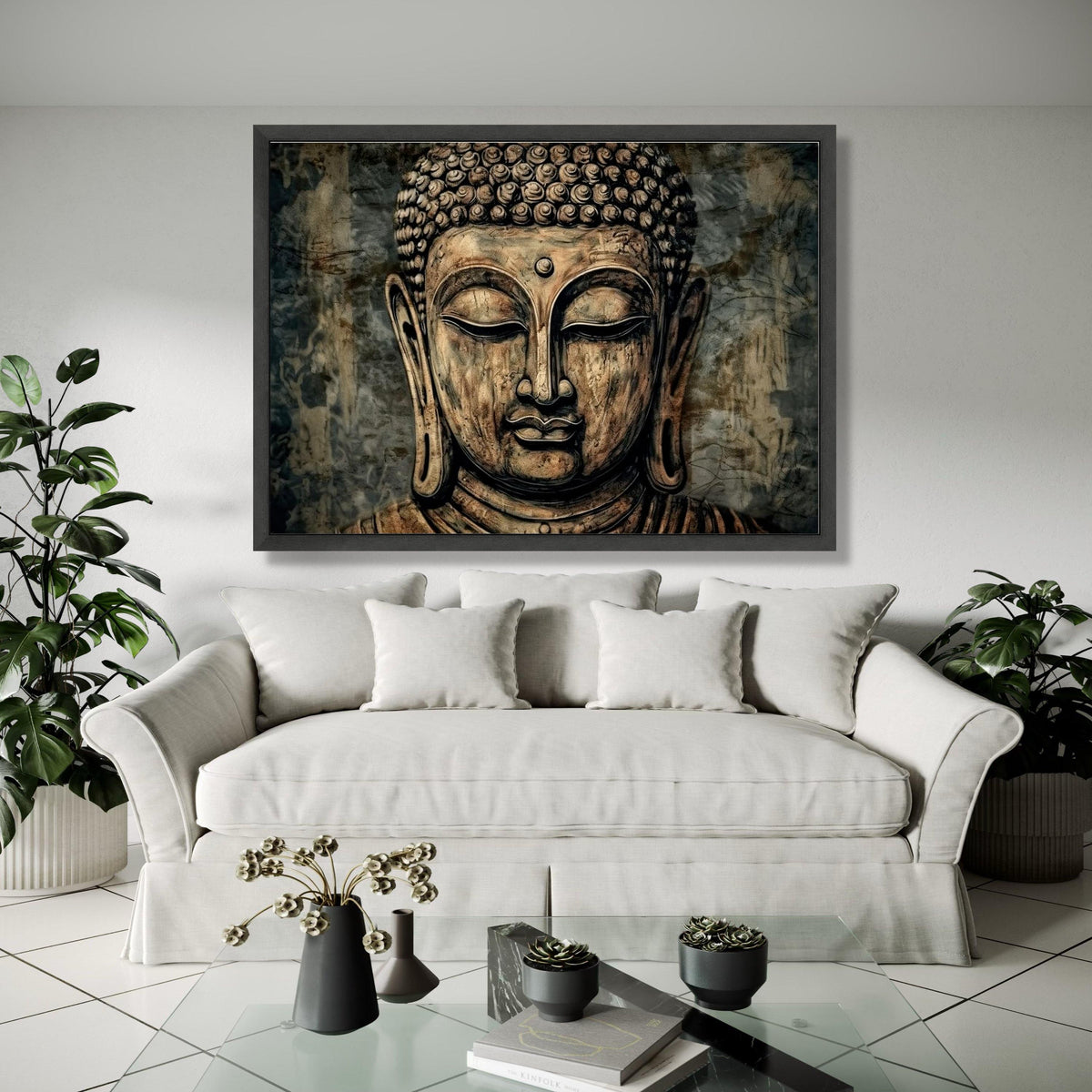 Serene Buddha Face Canvas, Meditation Wall Art, Spiritual Home Decor, Zen Buddhist Statue Painting, Tranquil Gift Art, Home Decor, Print