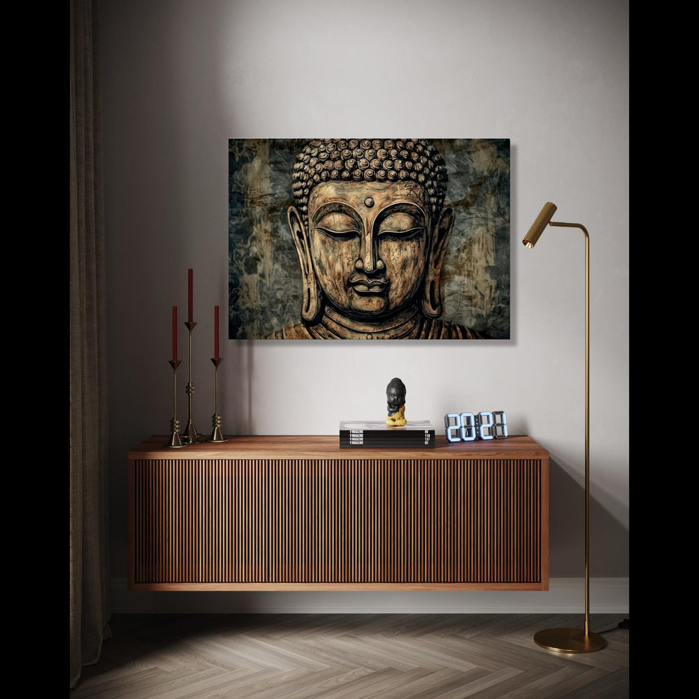 Serene Buddha Face Canvas, Meditation Wall Art, Spiritual Home Decor, Zen Buddhist Statue Painting, Tranquil Gift Art, Home Decor, Print