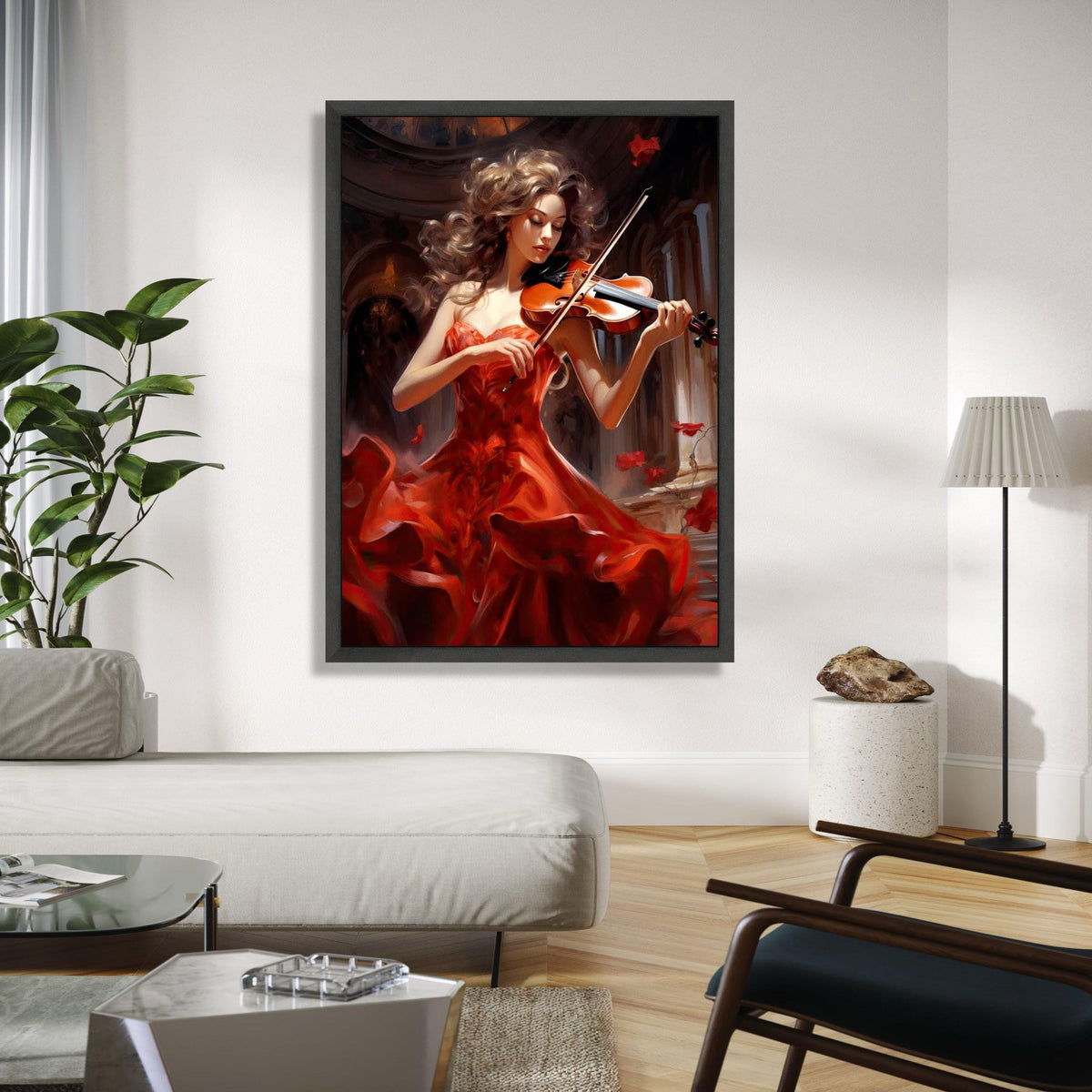 Elegant Violinist in Flowing Red Dress Canvas, Musical Instrument Wall Art, Classical Music Decor, Romantic Home Gift Art, Home Decor, Print