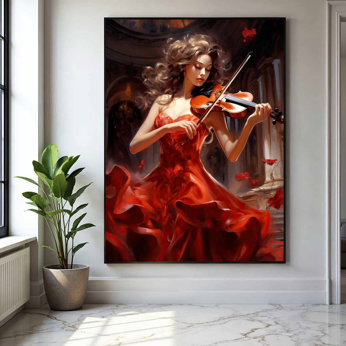 Elegant Violinist in Flowing Red Dress Canvas, Musical Instrument Wall Art, Classical Music Decor, Romantic Home Gift Art, Home Decor, Print