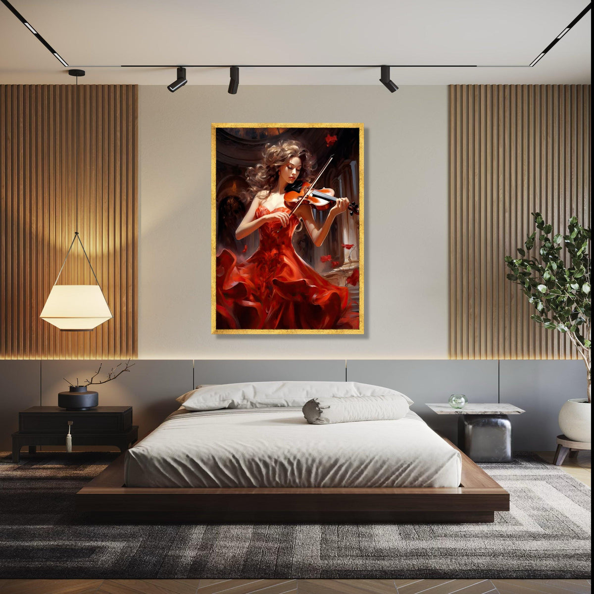 Elegant Violinist in Flowing Red Dress Canvas, Musical Instrument Wall Art, Classical Music Decor, Romantic Home Gift Art, Home Decor, Print