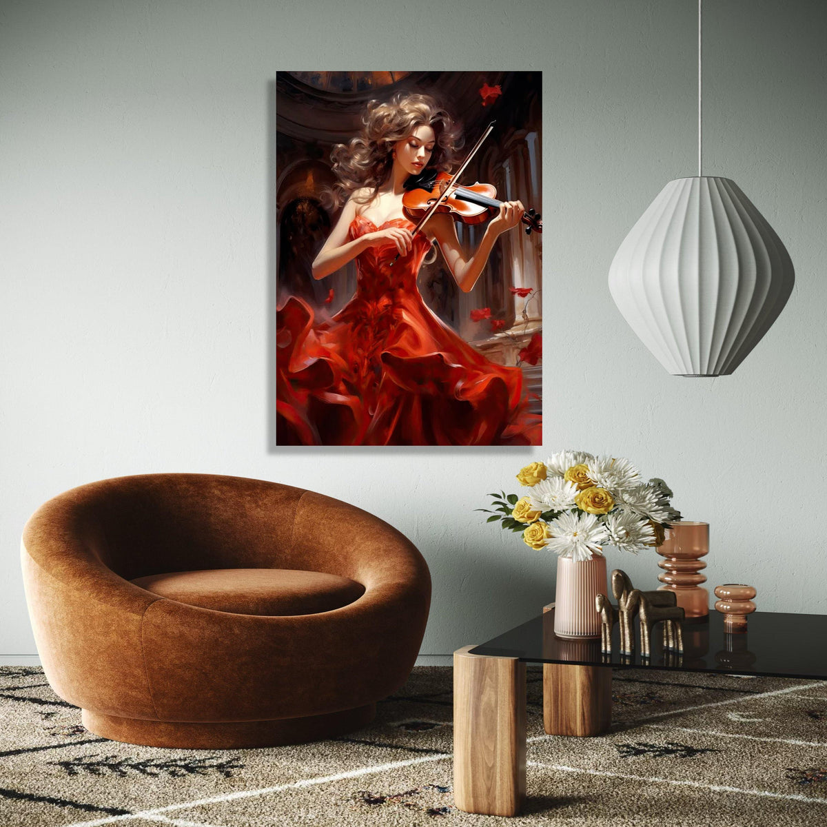 Elegant Violinist in Flowing Red Dress Canvas, Musical Instrument Wall Art, Classical Music Decor, Romantic Home Gift Art, Home Decor, Print