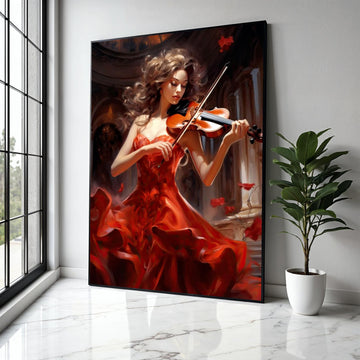 Elegant Violinist in Flowing Red Dress Canvas, Musical Instrument Wall Art, Classical Music Decor, Romantic Home Gift Art, Home Decor, Print