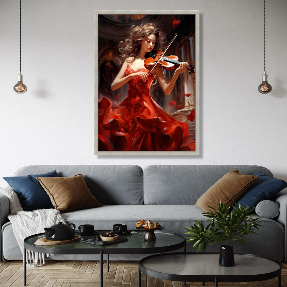 Elegant Violinist in Flowing Red Dress Canvas, Musical Instrument Wall Art, Classical Music Decor, Romantic Home Gift Art, Home Decor, Print