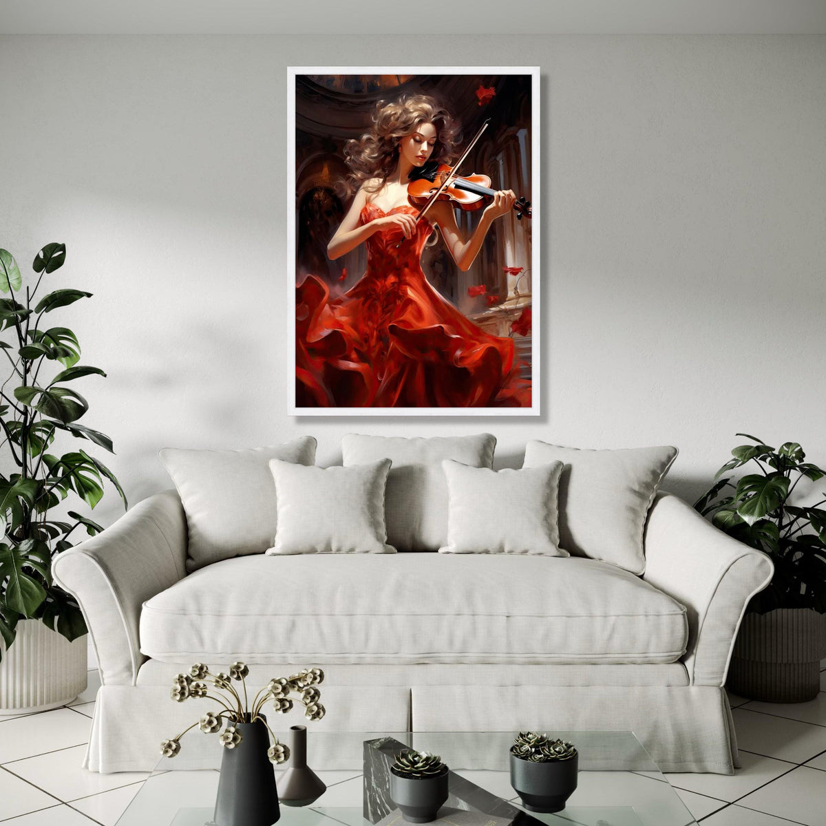 Elegant Violinist in Flowing Red Dress Canvas, Musical Instrument Wall Art, Classical Music Decor, Romantic Home Gift Art, Home Decor, Print