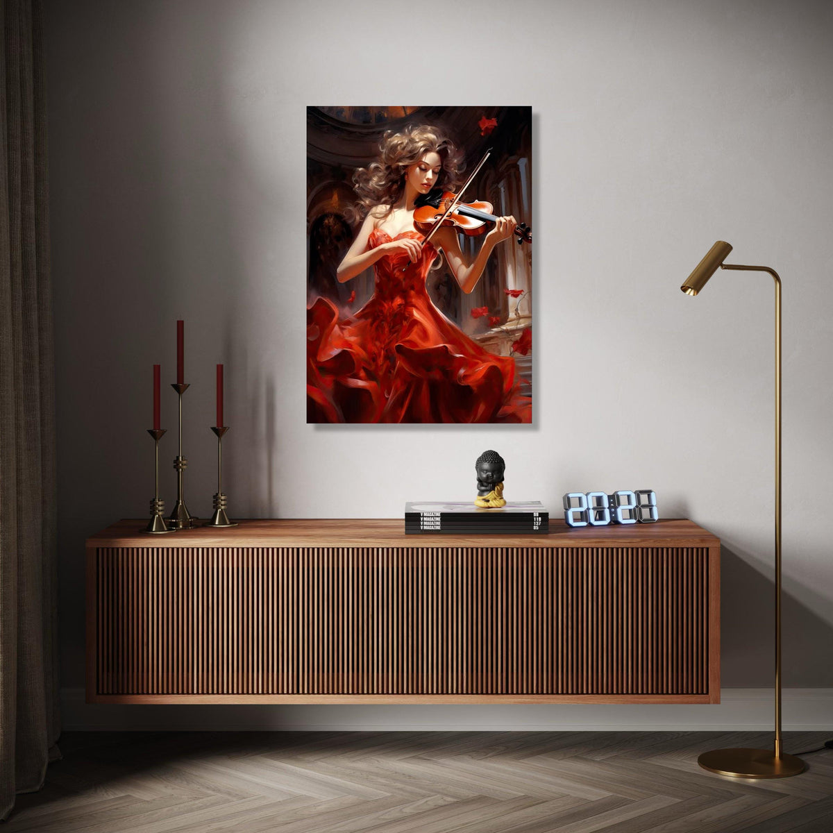 Elegant Violinist in Flowing Red Dress Canvas, Musical Instrument Wall Art, Classical Music Decor, Romantic Home Gift Art, Home Decor, Print