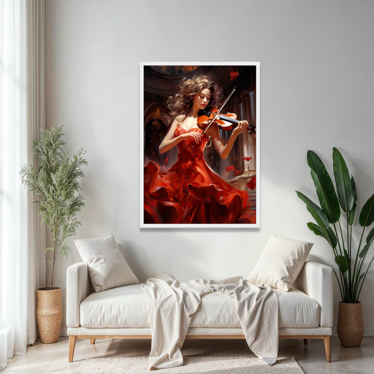 Elegant Violinist in Flowing Red Dress Canvas, Musical Instrument Wall Art, Classical Music Decor, Romantic Home Gift Art, Home Decor, Print