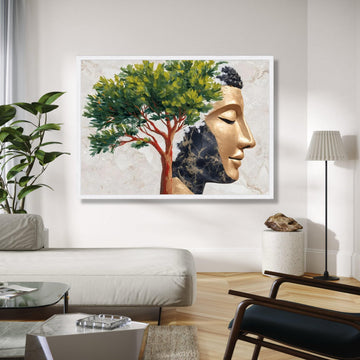 Golden Buddha Face with Tree Canvas, Spiritual Wall Art, Meditation Home Decor, Zen Canvas Painting, Tranquil Gift Art, Home Decor, Print