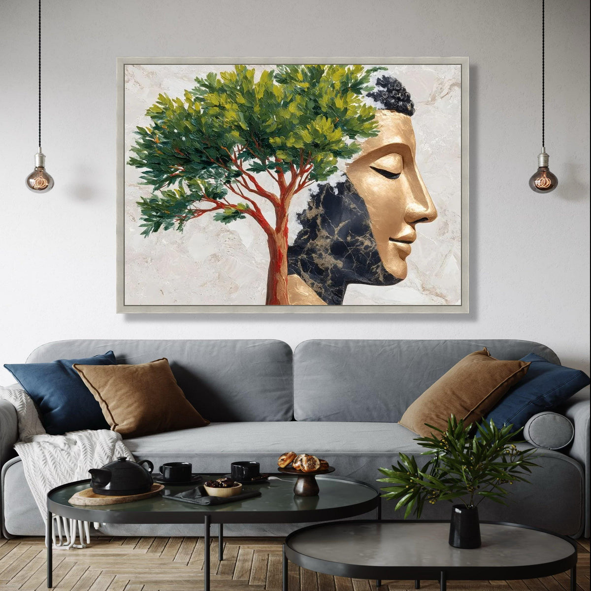 Golden Buddha Face with Tree Canvas, Spiritual Wall Art, Meditation Home Decor, Zen Canvas Painting, Tranquil Gift Art, Home Decor, Print