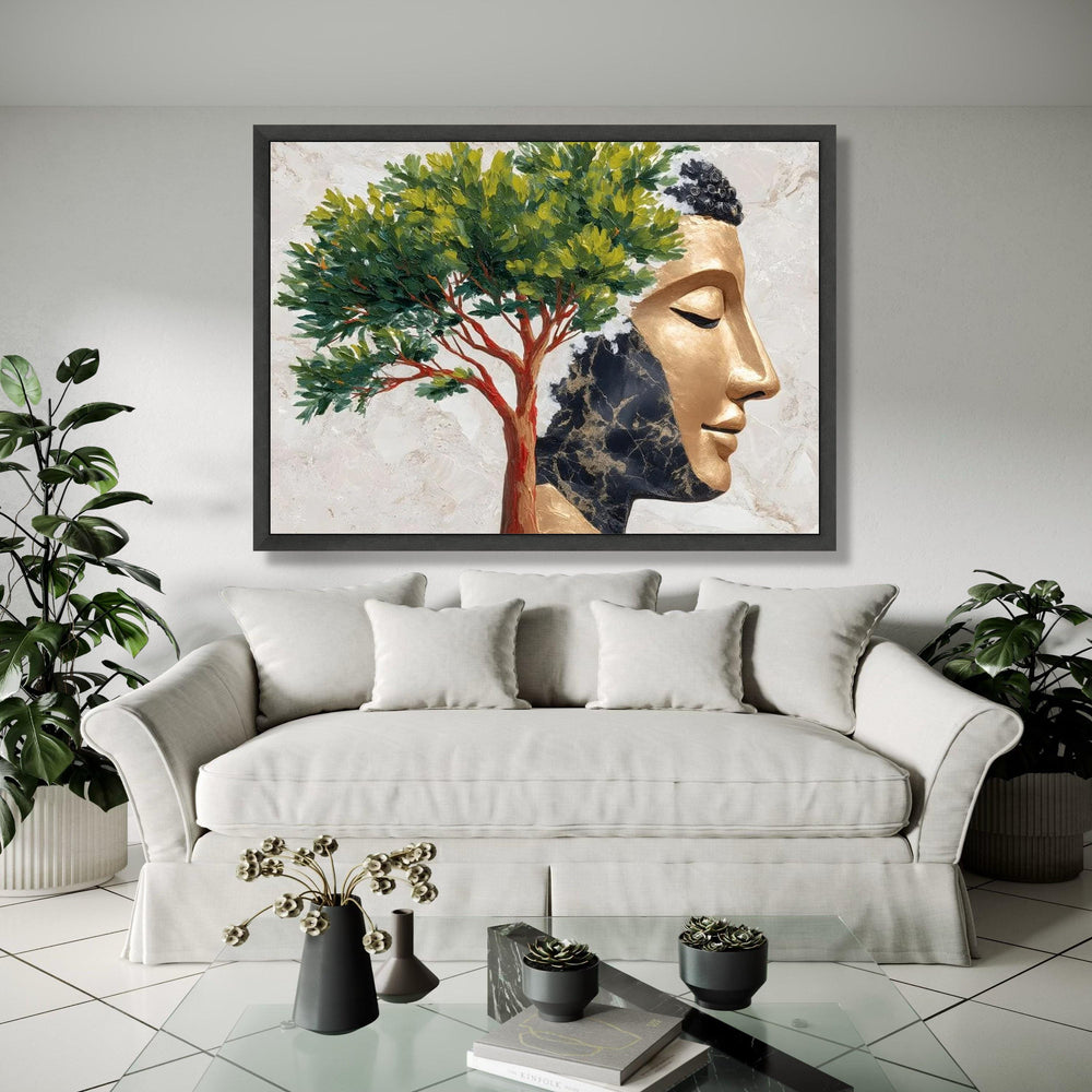 Golden Buddha Face with Tree Canvas, Spiritual Wall Art, Meditation Home Decor, Zen Canvas Painting, Tranquil Gift Art, Home Decor, Print