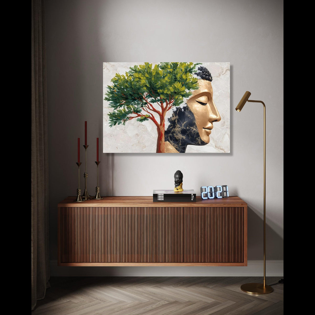 Golden Buddha Face with Tree Canvas, Spiritual Wall Art, Meditation Home Decor, Zen Canvas Painting, Tranquil Gift Art, Home Decor, Print