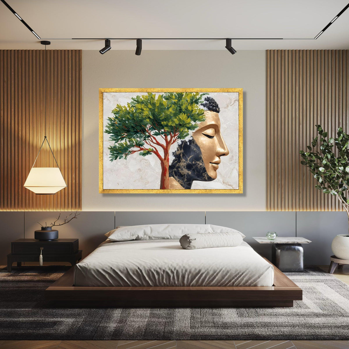 Golden Buddha Face with Tree Canvas, Spiritual Wall Art, Meditation Home Decor, Zen Canvas Painting, Tranquil Gift Art, Home Decor, Print