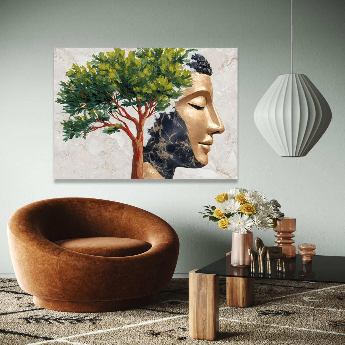 Golden Buddha Face with Tree Canvas, Spiritual Wall Art, Meditation Home Decor, Zen Canvas Painting, Tranquil Gift Art, Home Decor, Print