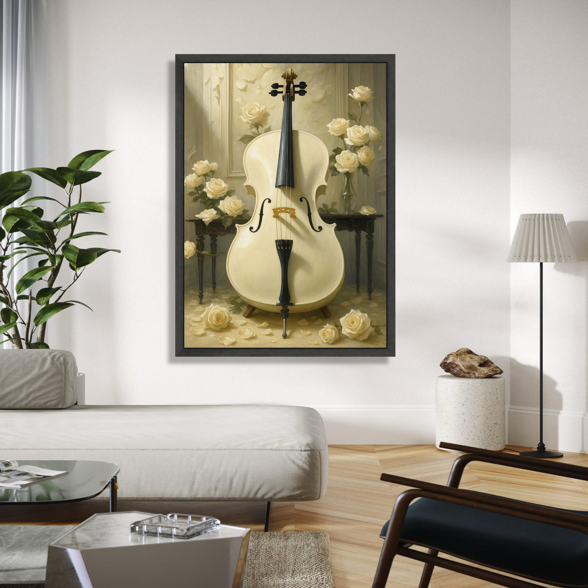 Elegant White Cello Canvas Wall Art, Classical Music Instrument Art, Soft Cream Floral Bouquet, Vintage Home Gift Art, Home Decor, Print