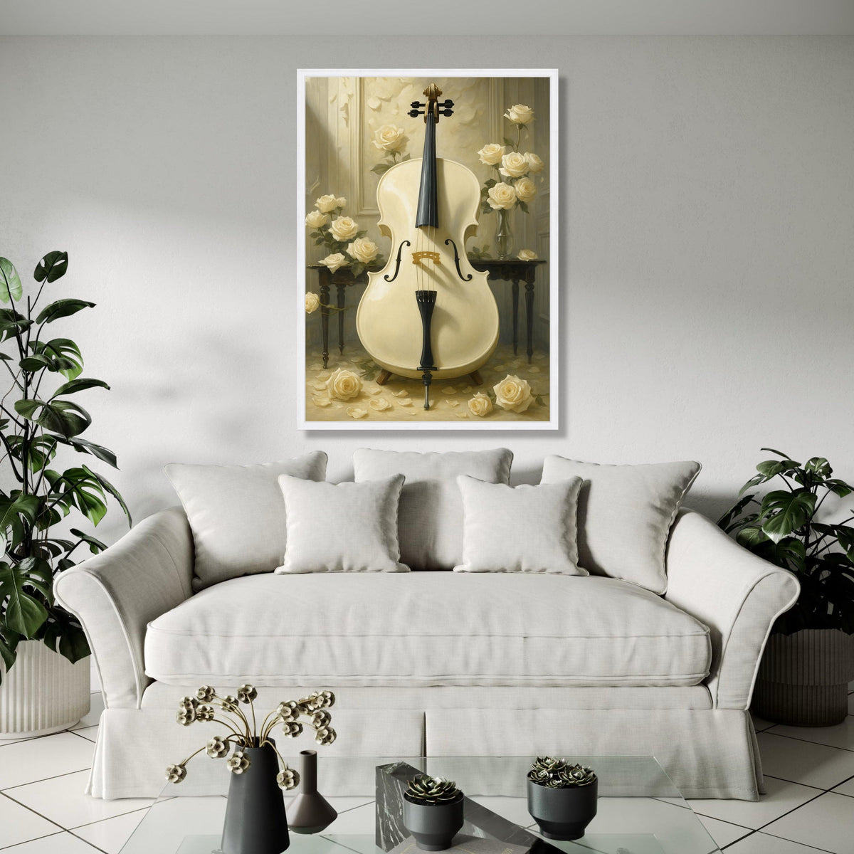 Elegant White Cello Canvas Wall Art, Classical Music Instrument Art, Soft Cream Floral Bouquet, Vintage Home Gift Art, Home Decor, Print